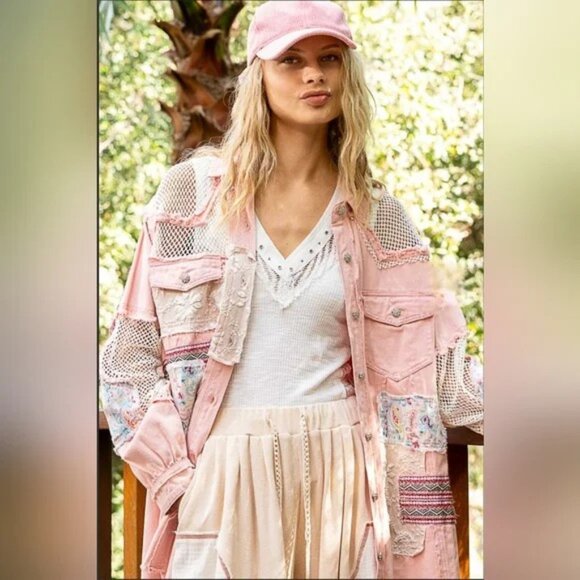 POL Jackets & Blazers - POL distressed patchwork denim jacket with mesh panels ~ L